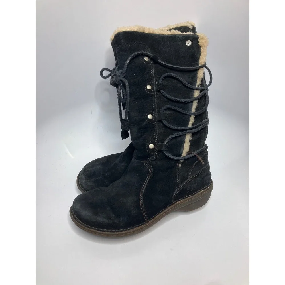 UGG Sunburst Tall Boots Womens 7 Black Good Suede Sheepskin Lace Up 5153